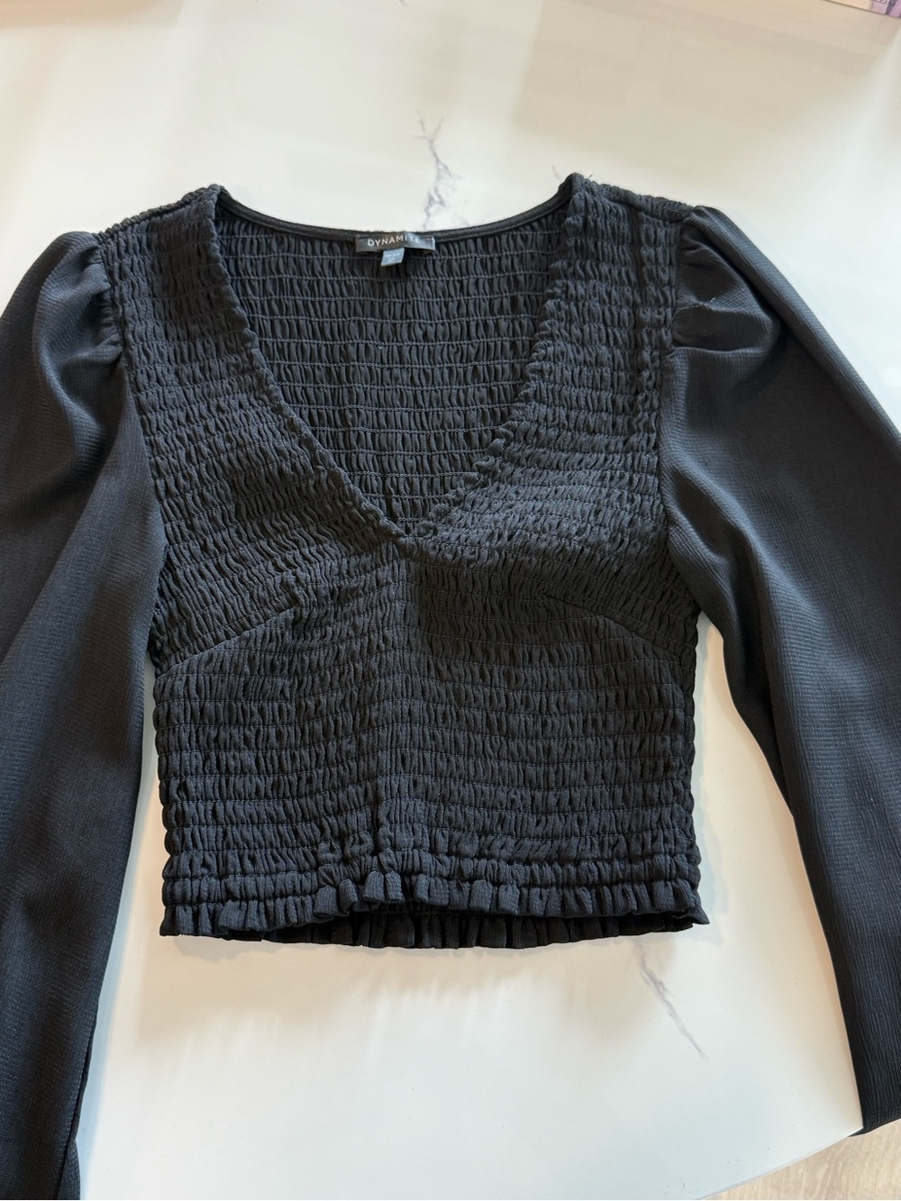 Dynamite Black Smocked V-Neck Long Sleeve Blouse
